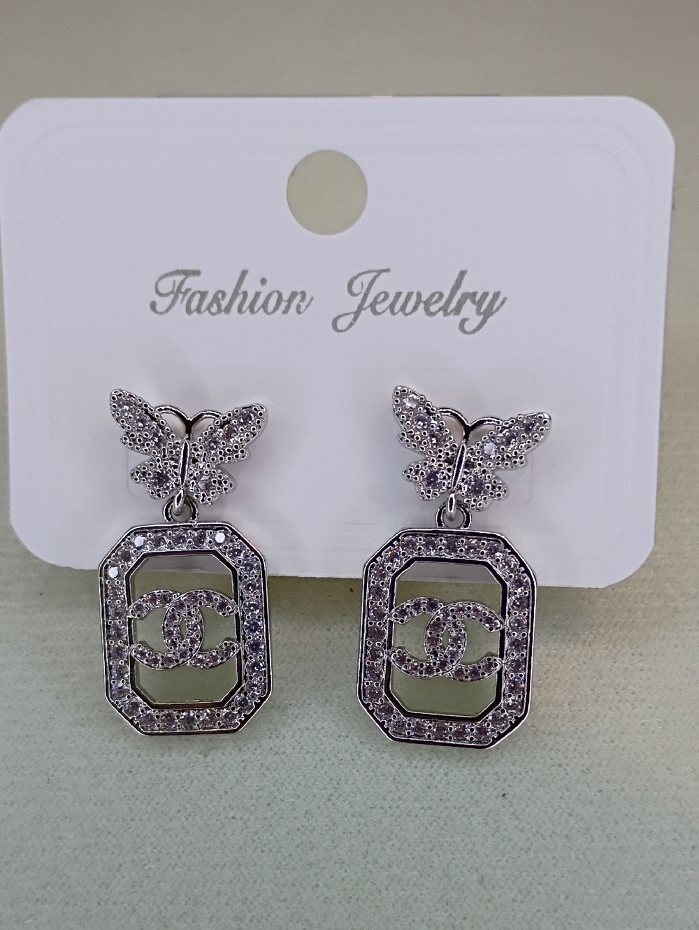 Fashion Jewelry Silver-Tone Butterfly & Logo Drop Earrings
